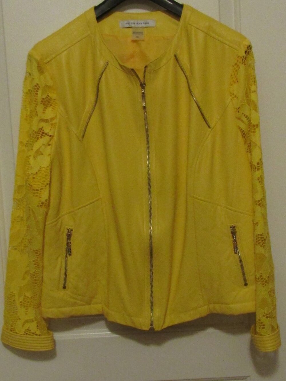 EUC PETER NYGARD Lemon Yellow (Faux) Leather &Lace Motorcycle or Dress JACKET XL